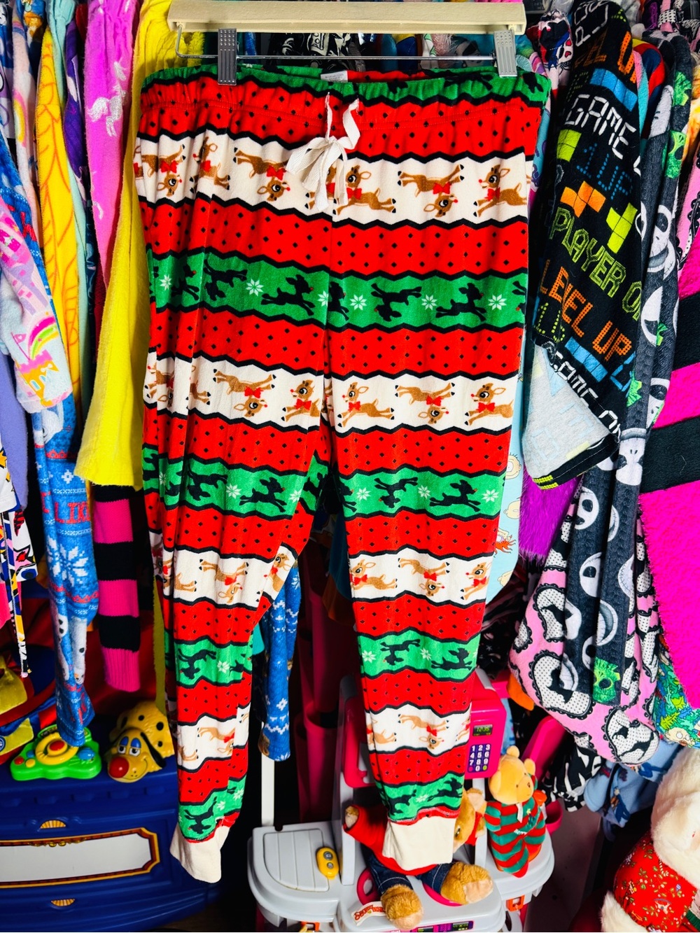 Festive Red & Green Reindeer Holiday Pajama Pants